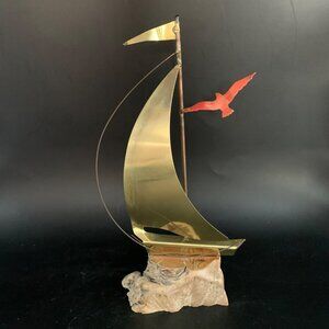 Vintage Brutalist Metal Sailboat Sculpture Burl Wood Mounted Signed Yosi Seagull